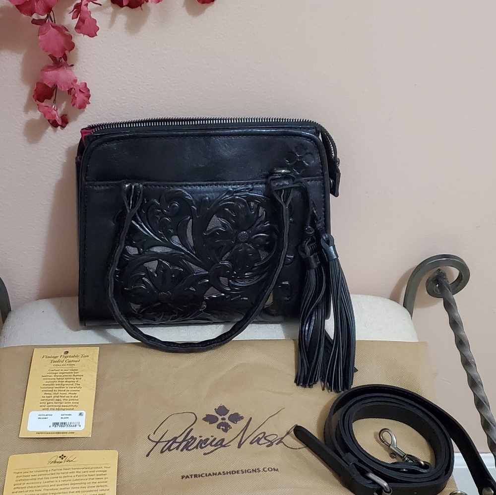 Tooled Cutout Black Satchel By Patricia Nash